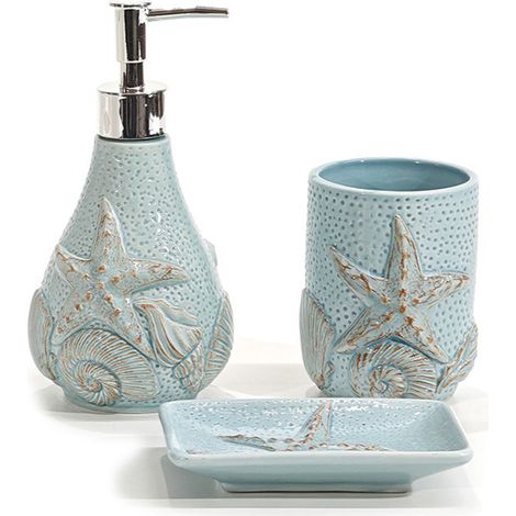 Set Accessori Bagno lavabo 3 Pezzi in Ceramica CELESTE con Decorazioni Marine Conchiglie e Stella Marina  Dispenser Sapone Porta Spazzolini e Porta Saponetta Design Elegante Mare per Arredo Casa e Hot (1/5)