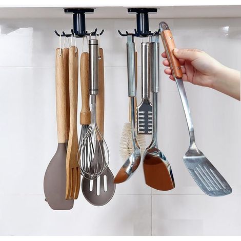 Lot de 2 Rotatif à 360° Porte Ustensiles Cuisine avec 6 Crochets, Support sans Perçage, Rangement Organiseur Rack pour Cuisine/Bains/Garde-Robe (Noir) (1/5)