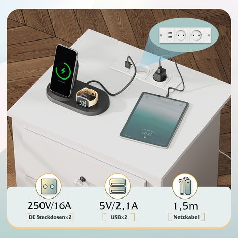 3-Schubladen Nachttisch mit Ladestation, USB-Anschlüssen & Steckdosen, Aufbewahrungstisch für Schlafzimmer, Wohnzimmer, Büro (2, Weiß) (1/5)