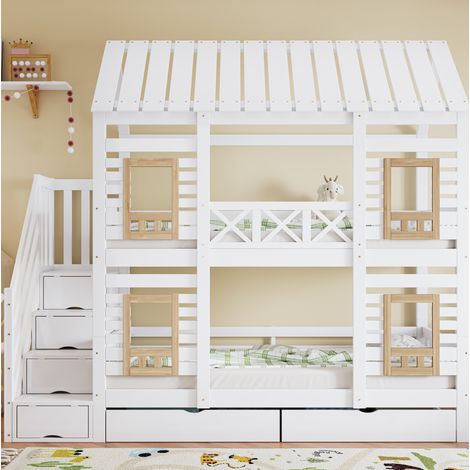 lit superposé enfant escalier rangement 90x200 bois OKMYHOME (1/5)
