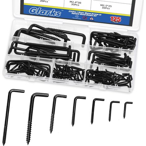 125pcs M2.4 / M2.5 / M2.8 / M3.4 / M3.7 / M3.8 / M4.7 Noir L en forme de vis en crochets kit, crochets à angle droit en acier au carbone, crochet auto-robinage carré pour tasses (1/5)