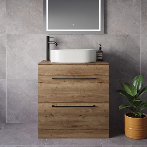 Napoli 460 Tobacco Oak 800mm 2 Drawer Vanity Unit for Countertop Basins - 800mm - Matt Black 480mm Handle