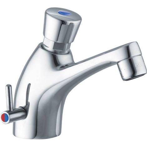 Rubinetto collo cigno cromato temporizzato con comando a pulsante e leva caldo/freddo per lavabo 1/2" PORTA E BINI (1/2)