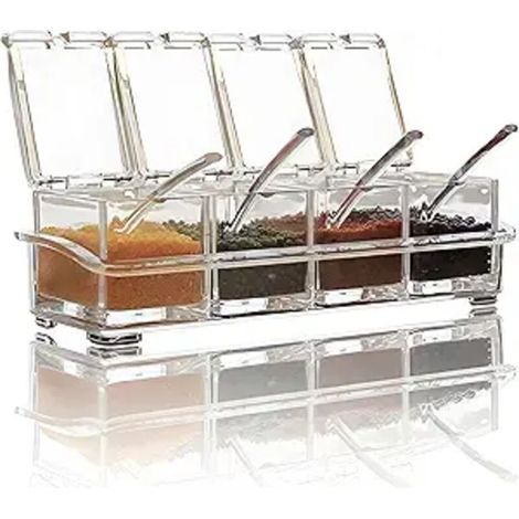 1 Stück durchsichtiger Acryl-Gewürzbehälter, Küchengewürzglas mit 4 Löffeln, Gewürzflasche, Gewürzgläser