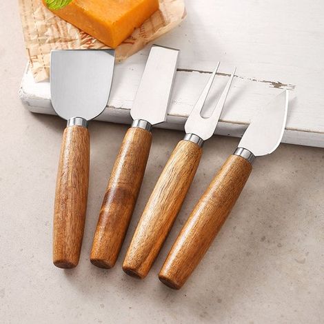 Juego de 4 piezas de cubiertos queso de acero inoxidable mangos de madera: cortador de queso ergonómico tenedor tablas de embutidos doméstico (1/5)