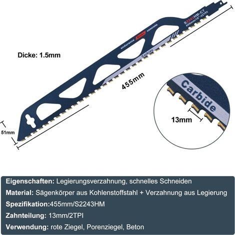 Wolframkarbid-Stahl-Säbelsägeblatt für Metall, Holz, Stein, Säbelsägenzubehör für Porenbeton, Ziegel, Beton, Zementplatten, Länge (455 mm (S2243HM)) (1/4)