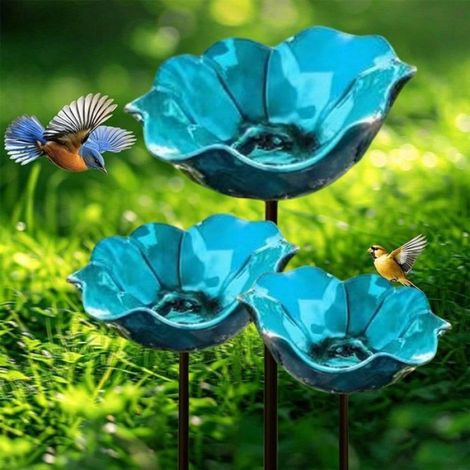 Abreuvoir À Oiseaux Sur Pied 65 cm, Bain D’oiseaux En Alliage Résistant Intempéries, Forme Fleur, Bleu Pour Jardin Balcon (1/4)