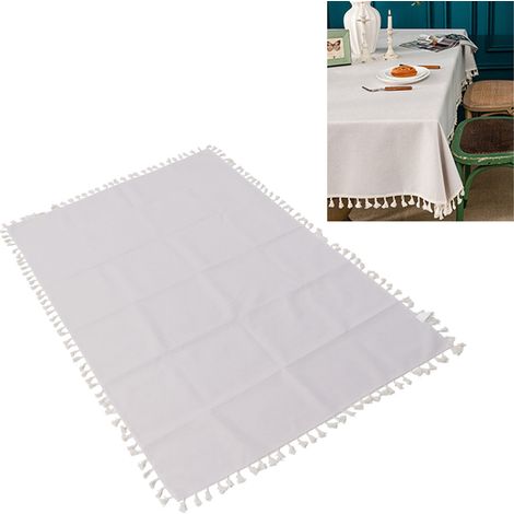Nappe rectangulaire en coton et lin beige 90 x 140 cm, imperméable, anti-huile, infroissable, à franges, idéale pour les tables basses de restaurant. (1/5)