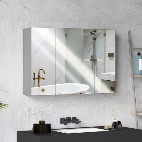 Armoire murale de salle de bain avec 3 portes miroir et étagères réglables en MDF Gris dim. 90L x 15l x 60H cm (1/5)
