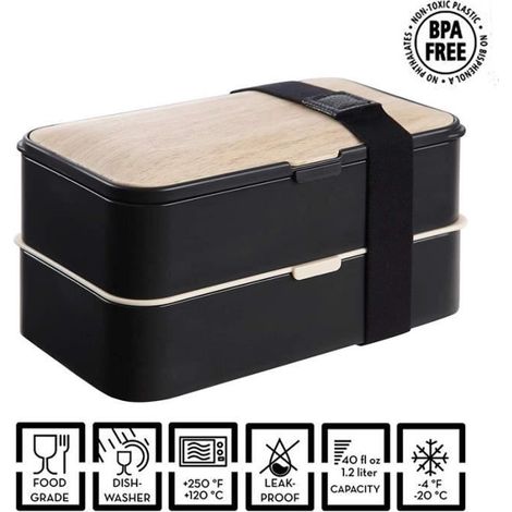 Boîte Bento LunchNoir Micro-Ondes & Lave-Vaisselle Boîte Déjeuner Bois Adultes ou Enfants Premium (1/4)