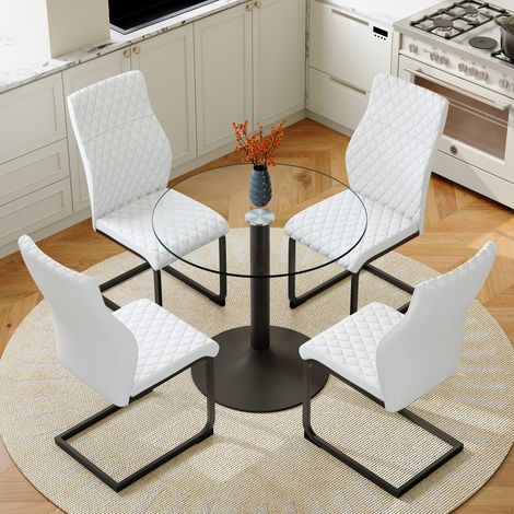 DESMIU Table de salle à manger ronde 4 personnes avec 4 chaises et dossier haut, pour cuisine et salon, verre et métal, blanc noir 85 cm (1/5)