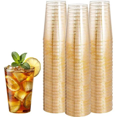 Set mit 50 hochwertigen Plastikbechern – Wiederverwendbar – 300 ml – Aus robustem Kunststoff – Mit Goldglitzer – Für Partys, Hochzeiten, Geburtstage (1/5)