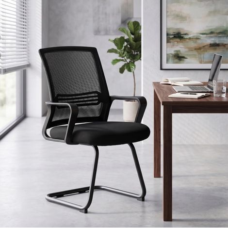 Lot de 2 chaises de bureau ergonomiques sans roulettes, sièges de conférence en tissu noir avec dossier respirant, piètement traîneau en métal, 120 kg par chaise – CHICFURN (1/5)