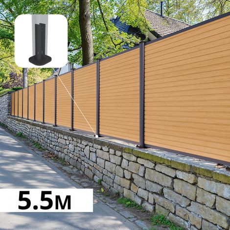 Kit Clôture Composite sur Muret SANTOS Cèdre 5,53x1,2m - Bois composite & Aluminium - Poteaux sur Platines Gris Anthracite - Brise vue