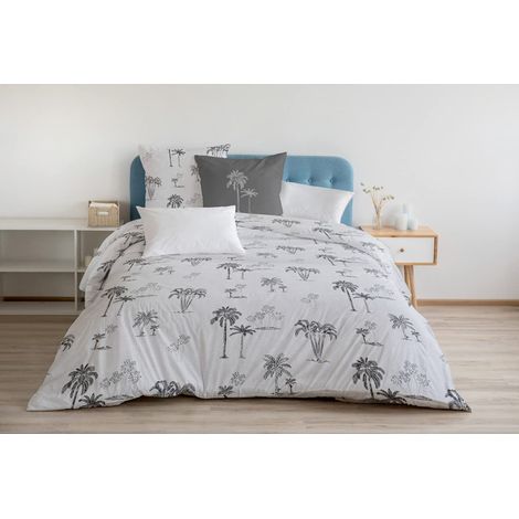 Housse de Couette - 3 Pièces 100% Coton - 57 Fils 2 Personnes - 240x260 cm Blanc ET Gris (1/3)