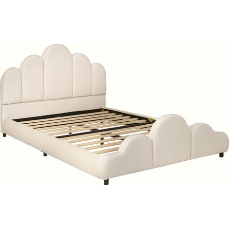 Cama infantil tapizada 140 x 200 cm en terciopelo beige con somier, esquinas redondeadas (1/5)