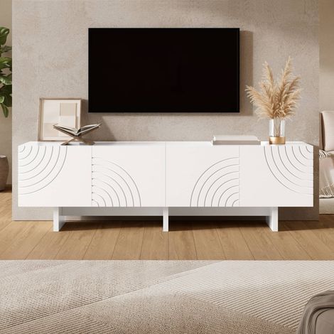 Meuble TV 170 x 35 x 50 cm, 4 portes avec motifs géométriques en relief et passe-câbles, en MDF, pour salon, Blanc (1/5)