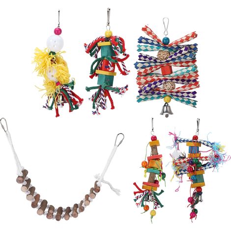 Lot de 7 petits jouets pour oiseaux : perroquets multicolores, échelle à grimper, blocs de bois à déchiqueter et à suspendre. (1/5)
