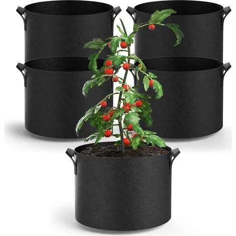 Lot de 5 sacs de culture de 5 gallons (environ 19 litres) en tissu non tissé épais, avec poignées résistantes, pour plantes d'extérieur (fruits, légumes, fleurs, herbes aromatiques, bonsaïs), noir. (1/3)