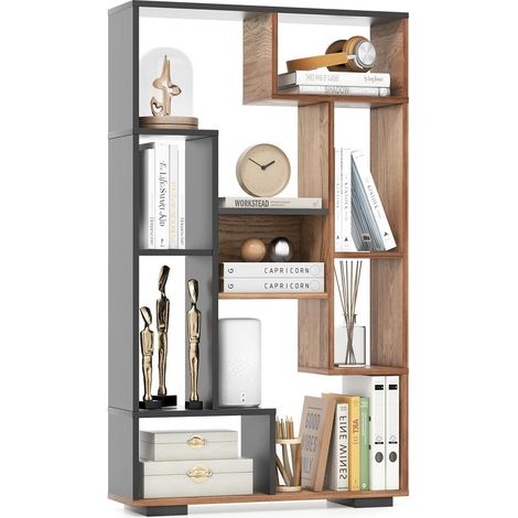 COSTWAY Estantería de Madera, Librería con 9 Compartimentos Abiertos, Estantería de Pie Geométrica Moderna con Kits Antivuelco para Sala de Estar, Oficina, 70 x 20 x 120 cm (Color Madera y Negro) (1/5)