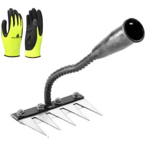 5 dentsRâteau de désherbage de jardin en acier au carbone avec gants en polyester, râteau de jardin en métal robuste, râteau en fer pour le désherbage de jardinage, râteau de jardinage, gants enduits (1/5)