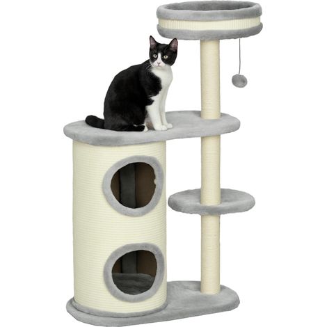Arbre à chat, poteaux en corde sisal, peluche douce, plusieurs niveaux, jouets à balles, gris, 59 x 35 x 100 cm (1/5)