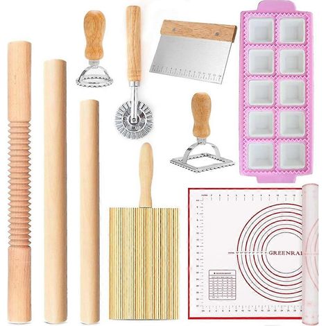 Kit d'ustensiles pour la fabrication de pâtes, ensemble pour raviolis avec rouleaux à pâtisserie, planche à gnocchis, tampons, emporte-pièce et tapis de cuisson (1/5)
