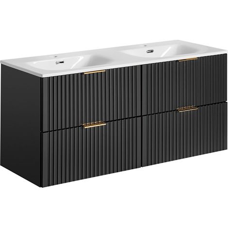Badmöbel Waschtisch mit Unterschrank Set 120cm ADELAIDE-56-BLACK, matt schwarz gerillt, 2 Keramik Doppel-Waschbecken, 4 Softclose-Schubkästen, B/H/T 121/58,5/46 cm (1/5)