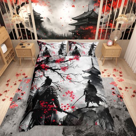 Parure de lit avec housse de couette de 135 x 200 cm Motif japonais Style japonais pour enfant garçon fille adolescent Motif fleurs de cerisier (1/5)