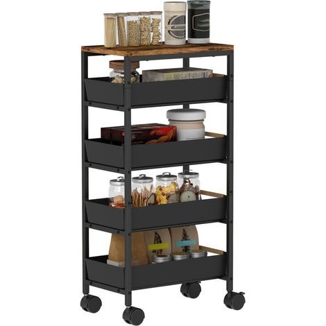 Kitchen trolley, 5-tier rolling storage cart with 4 sliding drawers, storage shelf, black (1/5)