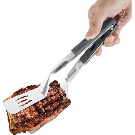 Pfannenwender mit verlängertem Griff, 29,46 cm lang, verbrühungshemmender Edelstahl-Grillzangenspatel, Kochzangenspatel für Steak, Pfannkuchen, Grillen, Hamburger, Pizza (grau)