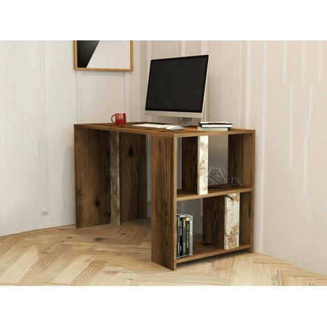 Dmora - Scrivania Bising, Scrittoio multiuso, Tavolo per ufficio porta PC, Piano di lavoro, 120x60h75 cm, Noce e Bianco Marmo (1/5)