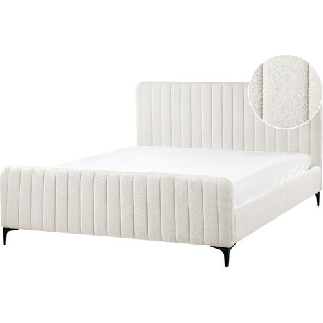 Boucle EU King Size Bed Tufted Headboard 5ft3 Metal Legs Slatted Base Off White Lunan