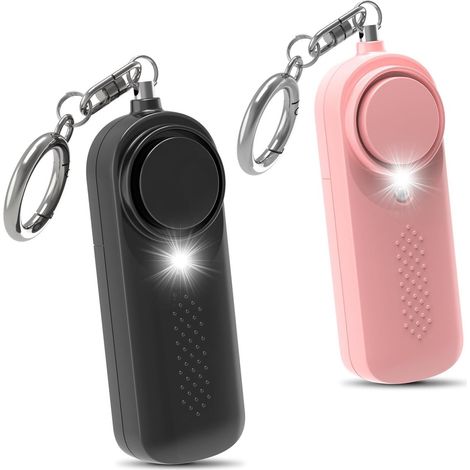 Lot de 2 porte-clés alarme de sécurité personnelle 130 dB avec lampe torche LED pour femmes, enfants, étudiants et seniors, noir/rose (1/5)