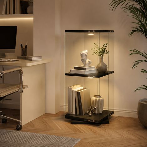 Vitrine Rotative 360° avec Éclairage LED, Vitrine en Verre avec 2 Étagères, Vitrine sur pied, Anti-basculement, Noir