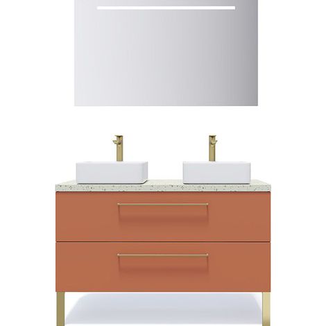 Meuble de salle de bain suspendu 2 vasques à poser 120cm 2 tiroirs Terracotta + miroir - Glasgow (1/5)