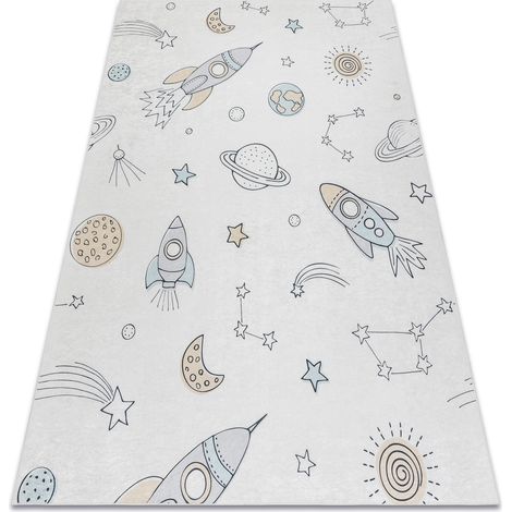 BAMBINO 1278 Waschteppich Weltraum, Rakete für Kinder Anti-Rutsch - creme beige 140x190 cm