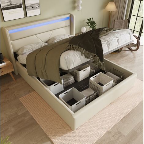 DESVIAE Lit coffre hydraulique rembourré avec éclairage LED tête de lit 160 x 200 cm blanc PU télécommande rangement sommier à lattes relevable lit double blanc (1/5)