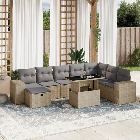 Set de sofás de jardín 9 pzas con cojines ratán sintético beige vidaXL (1/5)