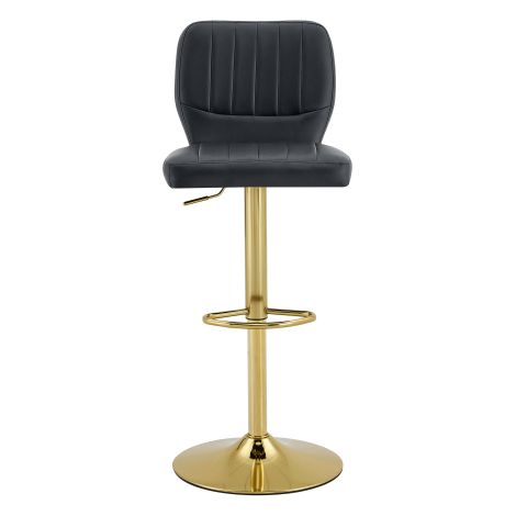 Barhocker höhenverstellbar 62-83cm, 360° drehbarer Barstuhl mit Rückenlehne & Fußstütze, Ergonomischer Küchenhocker aus schwarzem Kunstleder, belastbar bis 136kg, Gold-Chrom Finish