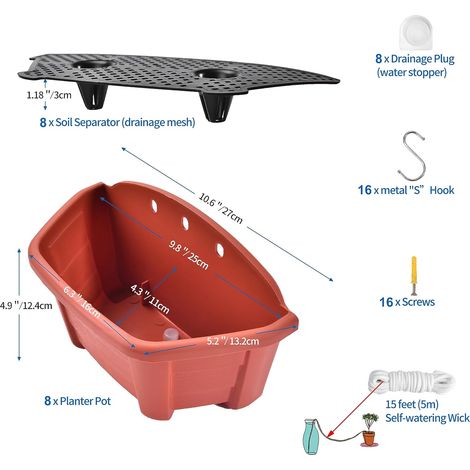 ORIMERC Lot de 8 Pots de Fleurs à Suspendre en Forme de Briques Rouges de 24,8 cm pour Plantes d'Intérieur et d'Extérieur avec Trous de Drainage - Pots de Plantes à Suspendre avec Clôture pour Balcon (1/4)