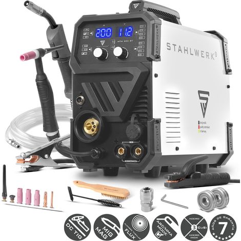 STAHLWERK Soldadora combinada 3 en 1 MTM-200 ST – Inverter combinado para TIG, MIG/MAG, MMA/Electrodo hasta 200 A, hilo sinérgico, 4 rodillos, encendido HF, apto para hilo hueco, acero, chapa fina (1/5)