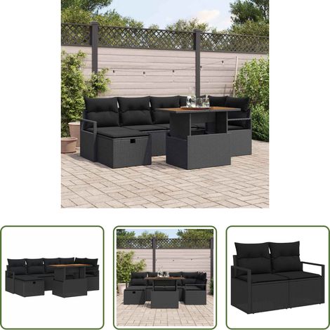 vidaXL Canapé modulaire - Ensemble de canapé de jardin avec coussin 7 pcs Noir polyrotin (1/5)