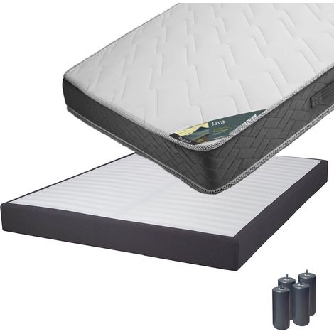 JAVA - Pack Matelas 140x190 + Sommier Tapissier Démontable 2x20 Lattes Anthracites + Pieds Anthracites 15cm (1/5)