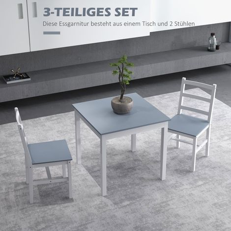 Essgruppe für 2 Personen, 2 Stühle, 1 Tisch, Kiefernholz, weiß + grau. (1/5)