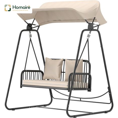 HOMAIRE Hollywoodschaukel Rattan 2-Sitzer Gartenschaukel mit verstellbar Sonnendach, Kissen, Hängebank bis 240 kg, für Garten Balkon Khaki