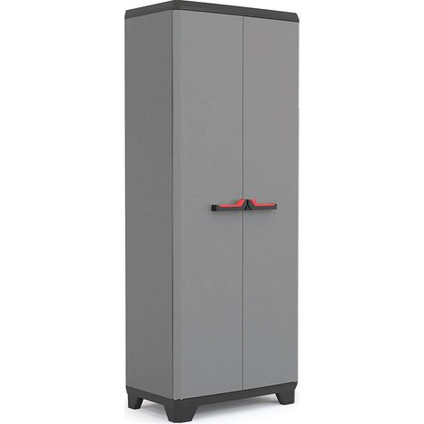 Armoire Utilitaire STILO - Armoire de Rangement en Résine Multifonctions - Étagères et Pieds Ajustables, Poignée Soft Touch - Cuisine, Garage, Atelier - 68 x 39 x 173 cm - Gris/Noir/Rouge (1/5)