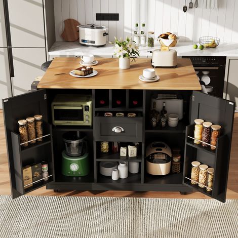Îlot cuisine noir grain bois avec plan de travail,porte-serviettes latéral et porte-vin,structure sur roues pour cuisine. (1/5)