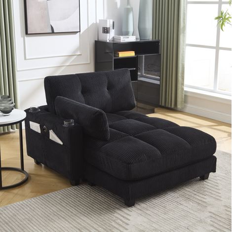 Sillón relax de pana negra con reposacabezas regulable, USB y portavasos (1/5)