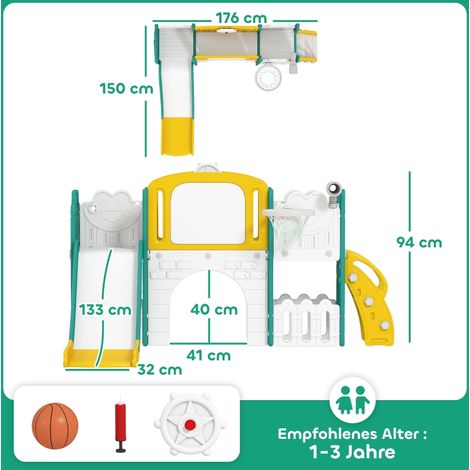 Ensemble de toboggans 7-en-1 pour tout-petits,panier de basket,design grenouille,cadre d’escalade,siège à balançoire,intérieur et extérieur,jaune+vert (1/5)